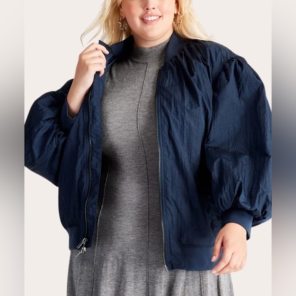 Future Collective Jackets & Blazers - Future Collective Women's Navy Puff Sleeve Vintage Bomber Jacket Size 2X | NWT!